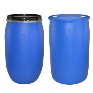 litre open top blue plastic drum and litre tight head plastic drum front