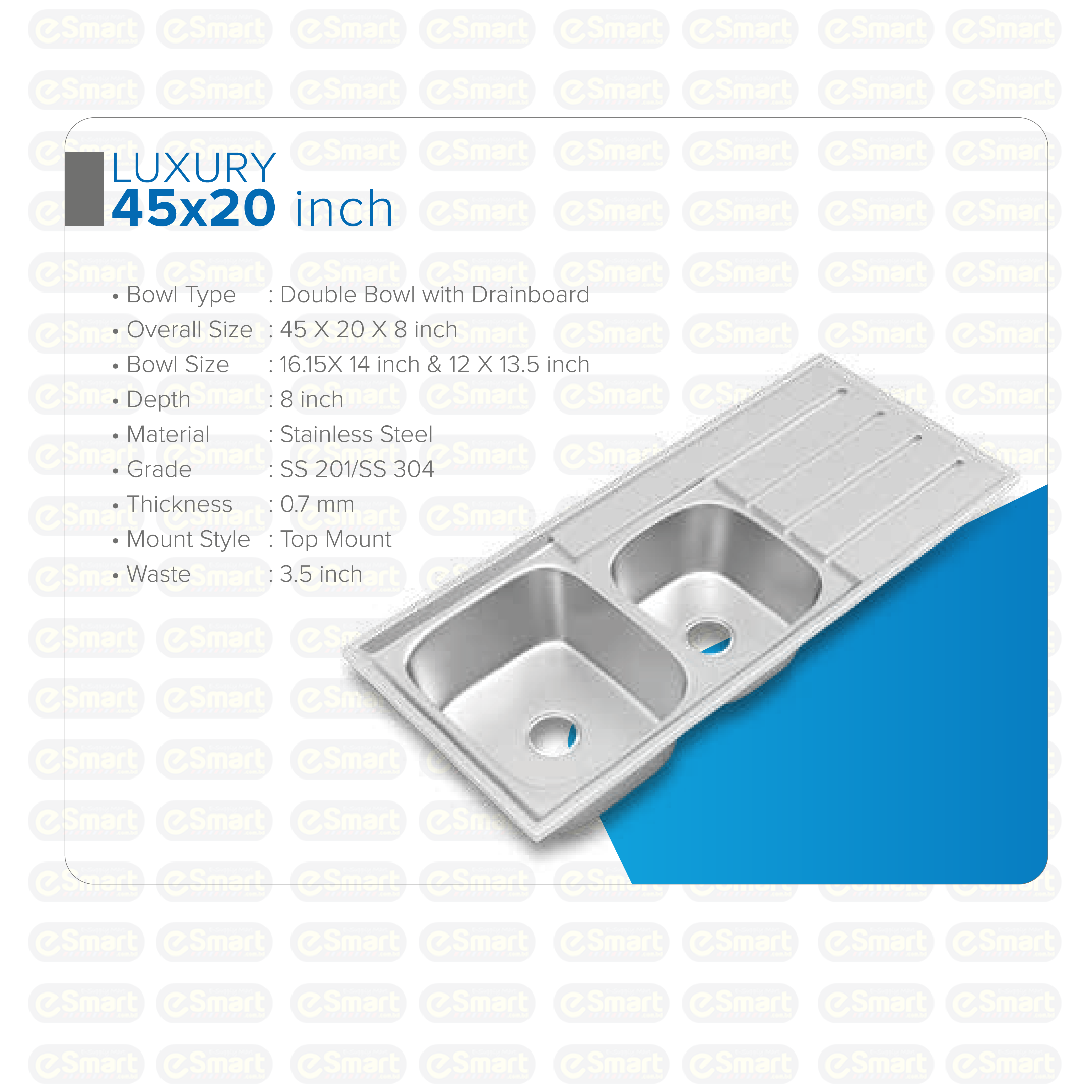 RFL Luxury Kitchen Sink 45x20 Inch Stainless Steel