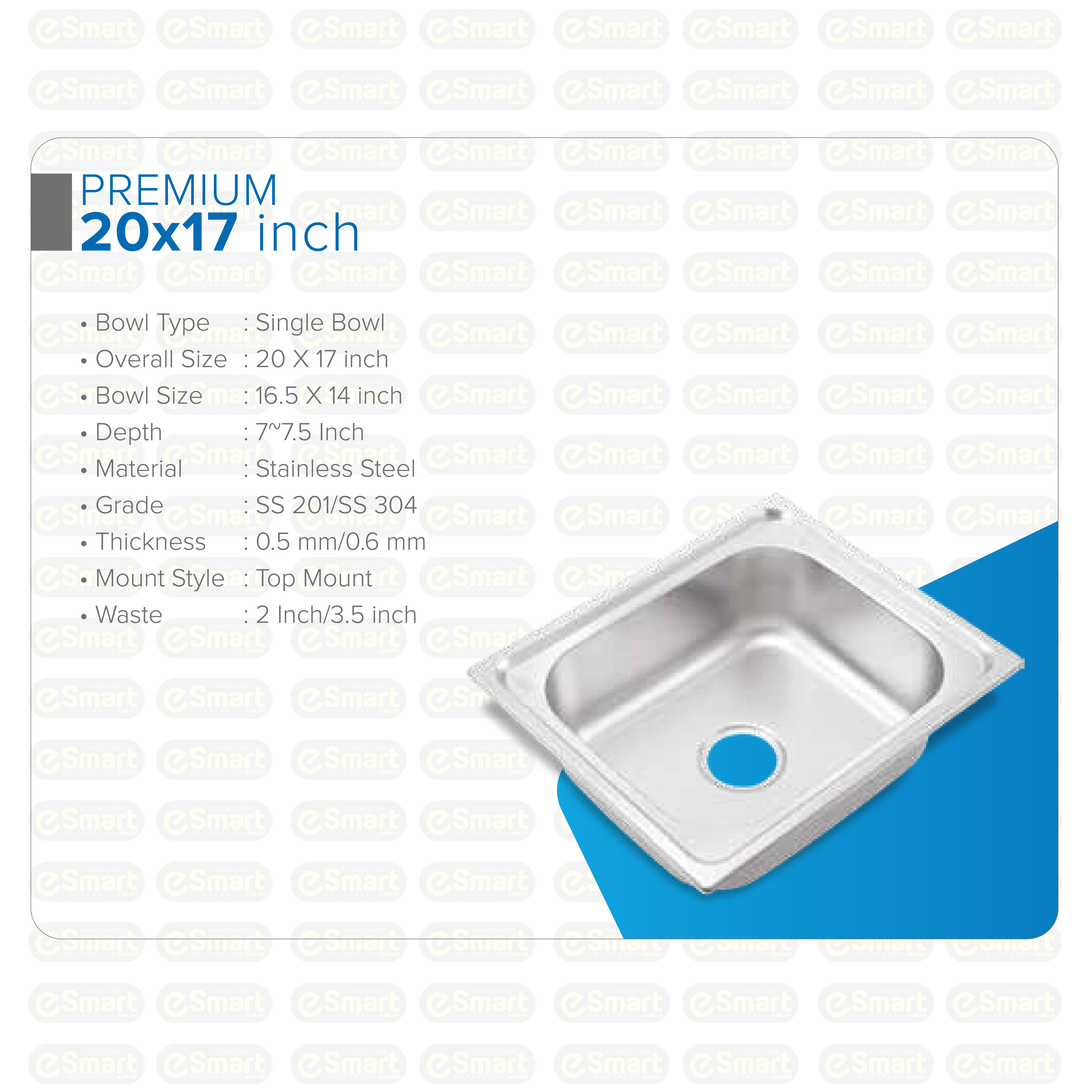 RFL Premium Kitchen Sink 20x17 Inch Stainless Steel